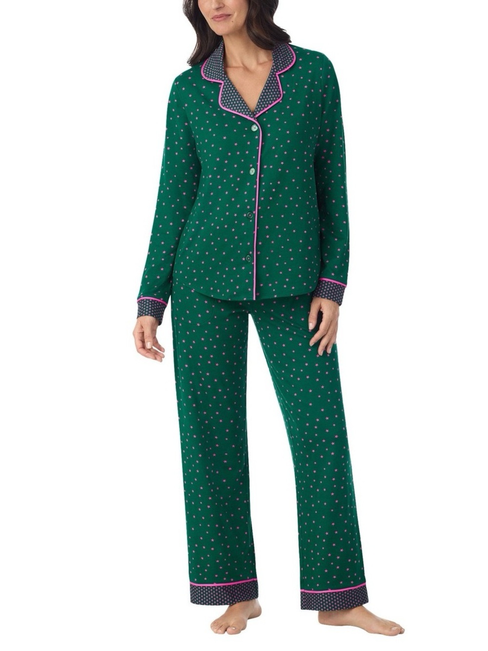 Womens Green Long-Sleeve Printed Pajama Set with Pink Trim S